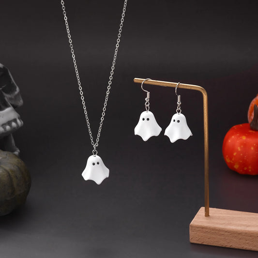 Cute Halloween Ghost Drop Earrings for Women Girls Funny Little Monster Earrings Necklace Jewelry Set Party Accessories Gift