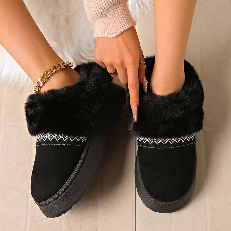 Fluffy Fur Platform Snow Boots Women Plus Size 42 Non Slip Fleece Inside Warm Winter Boots Woman Thick Sole Long Plush Slippers