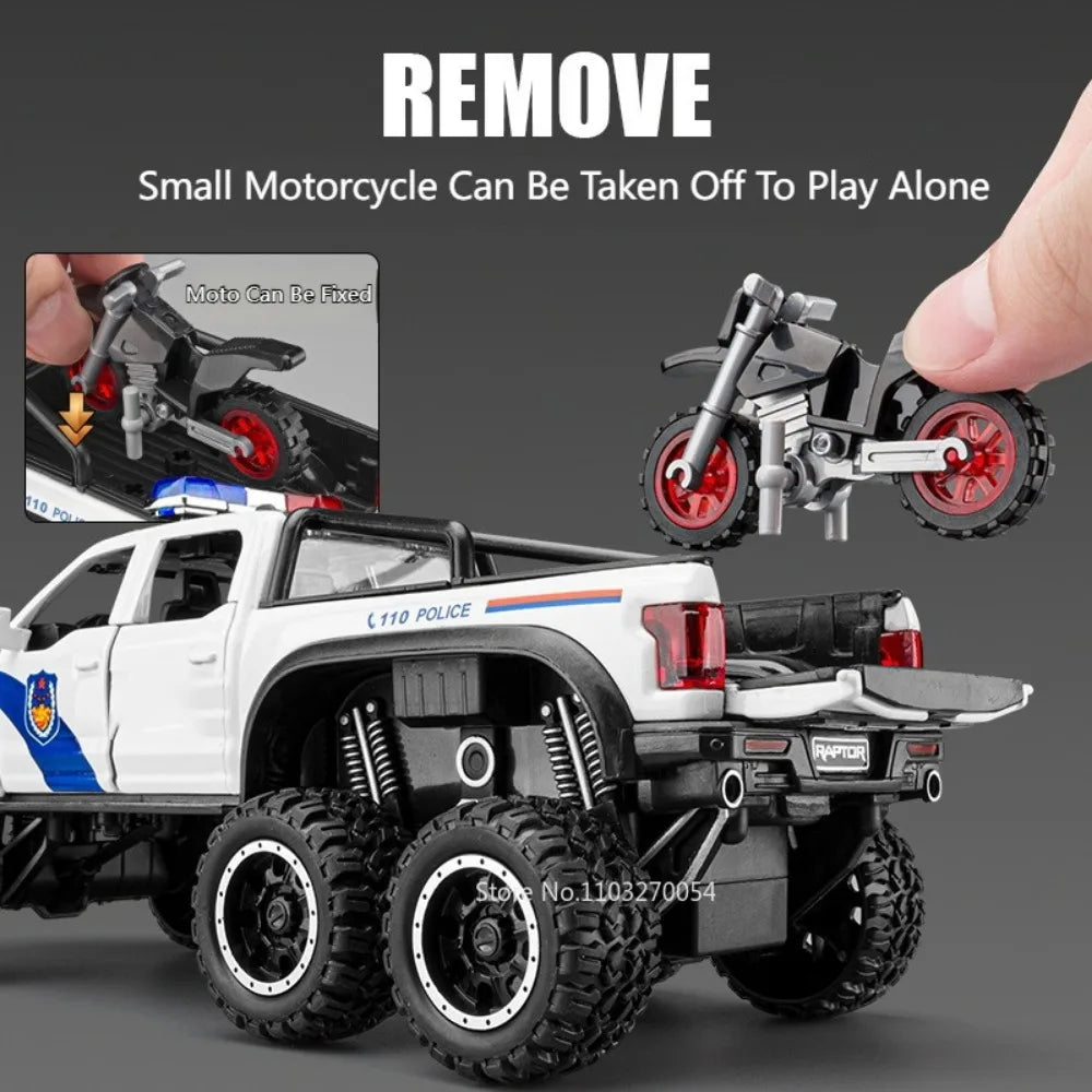 1/28 Raptor F150 Pickup Model Car Toys Diecast Alloy Off-road Police Cars 6 Doors Opened Sound Light Pull Back Toy For Kids Gift