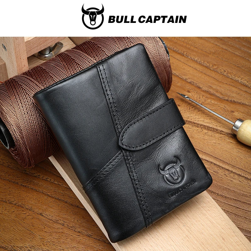 BULLCAPTAIN Men's Genuine Leather Wallet Retro Casual Snap Tri-fold Cash Clip RFID Anti-Theft Card Holder Detachable Coin Holder