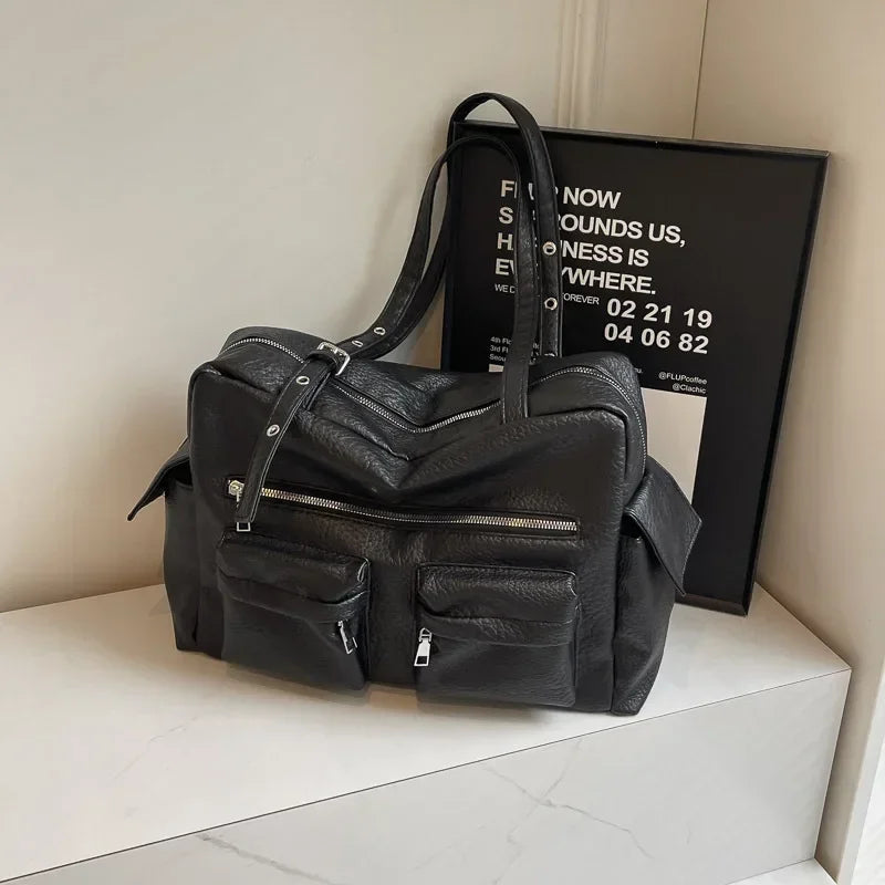 Women PU Leather Shoulder Bag Multi-Pockets Underarm Bag Solid Versatile Commuting Handbag Adjustable Strap Armpit Tote Bag