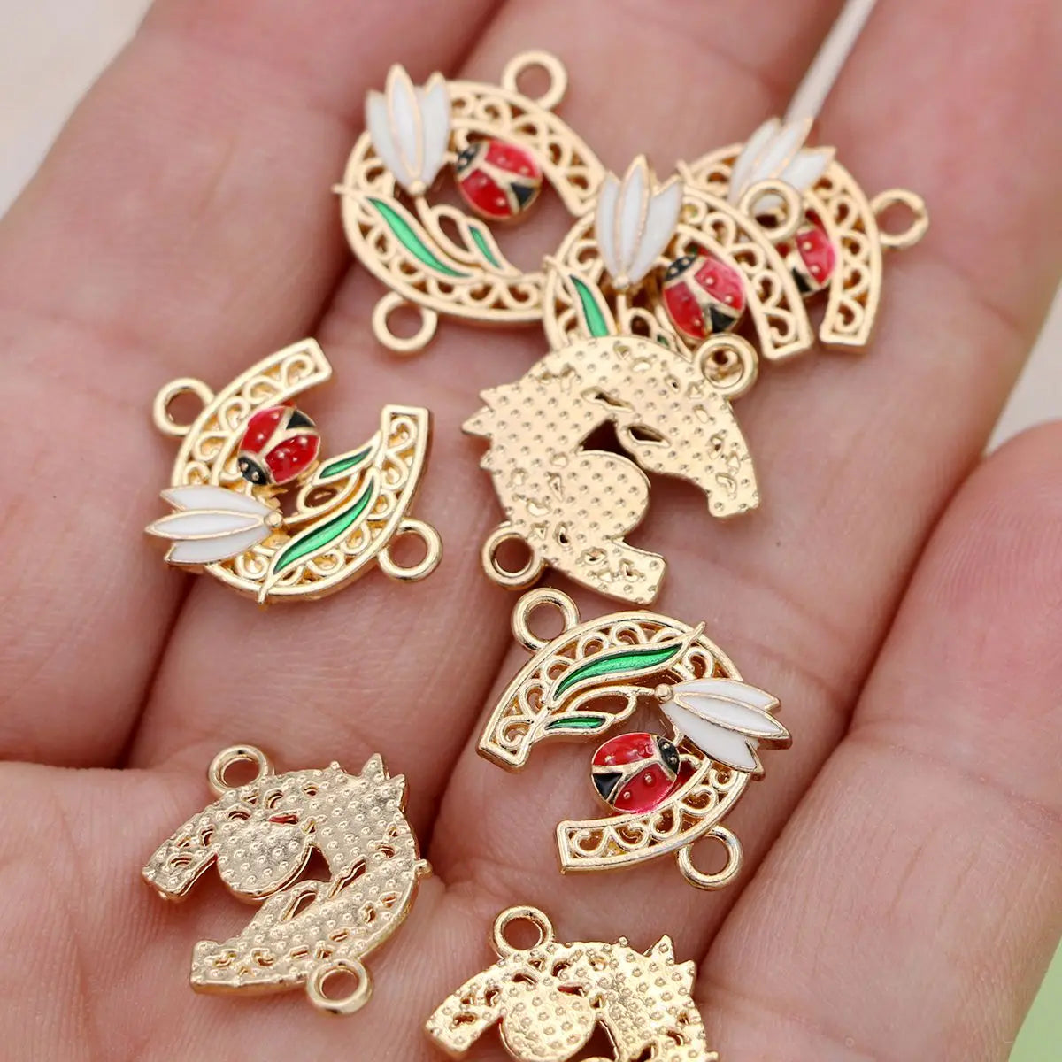 10Pcs Gold Plated Crystal Flower Ladybug Horseshoe Connectors for Jewelry Making Bracelet Findings Accessories DIY