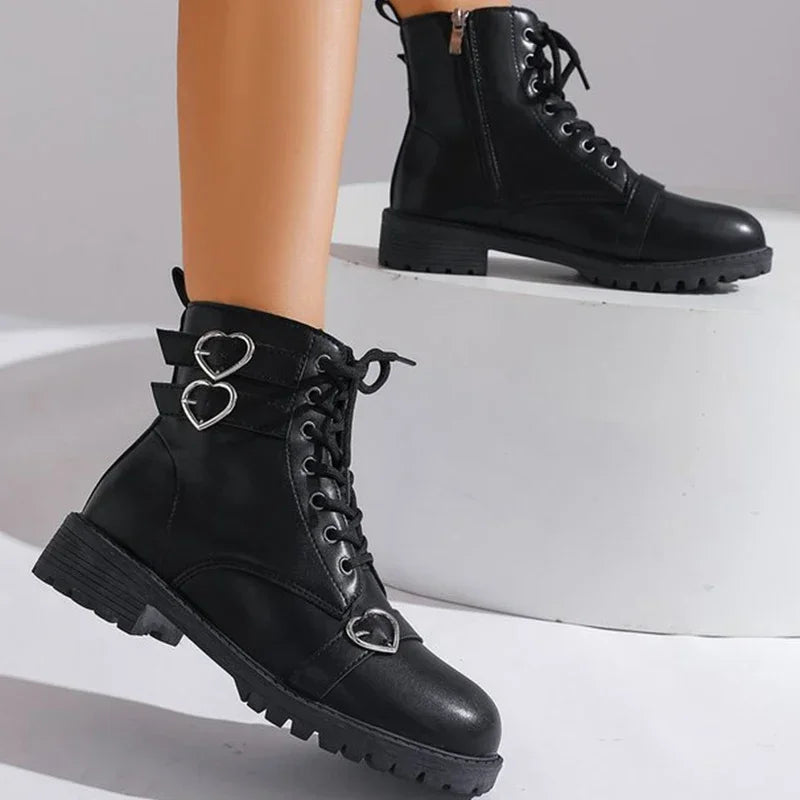 Metal Heart Buckle Ankle Boots for Woman Autumn Winter Lace Up Platform Short Boots Women Black Pu Leather Shoes Botas Mujer