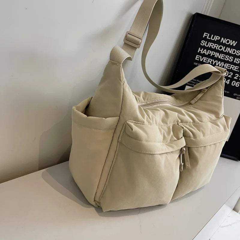 White Casual Work Style Waterproof Nylon Crossbody Shoulder Bag W/Large Capacity