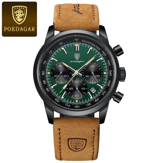 Black Green POEDAGAR Luxury Waterproof Chronograph Men Leather Quartz Wristwatch