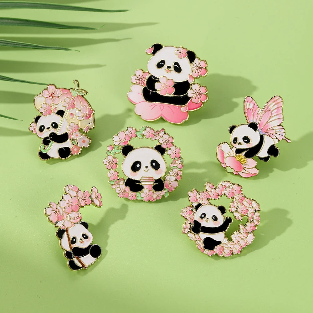 6pcs Cute Cartoon Animal Enamel Brooches - Flower Panda Cherry Blossom & Butterfly Lapel Pins Metal Badges Jewelry Gift Set