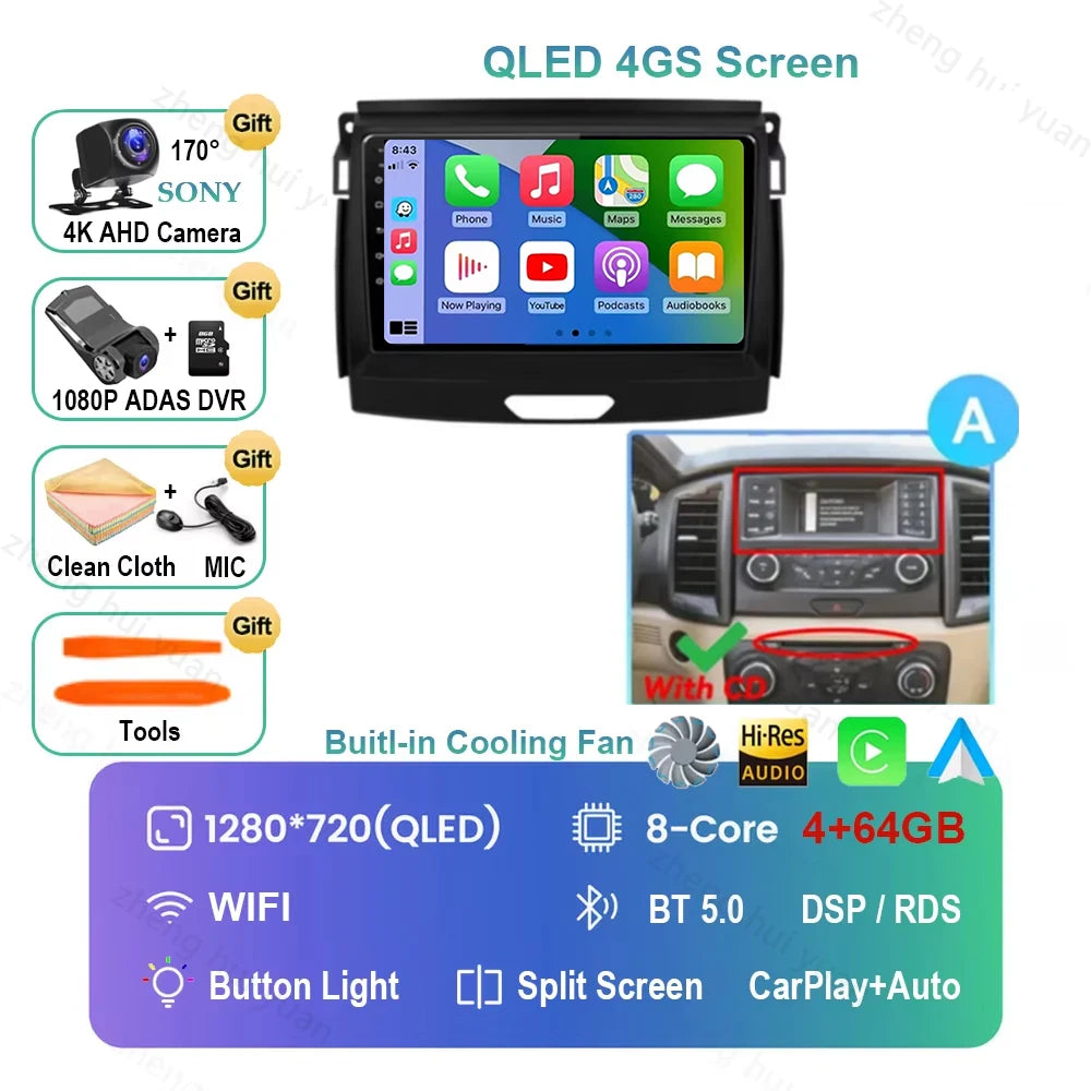 Android 16 CarPlay Auto For Ford Ranger 2015 - 2022 Car Radio Multimedia navigation video DVD Autoradio Stereo 2din 4G