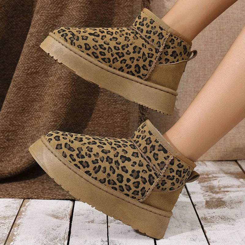 2025 Winter Leopard Snow Boots for Women Slip On Short Plush Warm Ankle Boots Woman Fashion Faux Suede Platform Booties Female