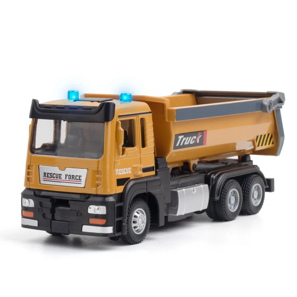 1/32 DUMP TRUCK Model Toys Car Alloy Diecast Engineering Vehicle Metal Body Rubber Tires Sound Light Pull Back Toy Birthday Gift