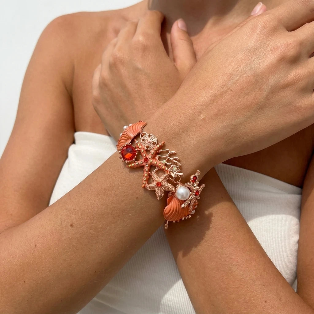 Statement Rose Gold Ocean Jewelry Set Women Chunky Coral Starfish Shell Pearl Crystal Necklace Bracelet Sunset Resort