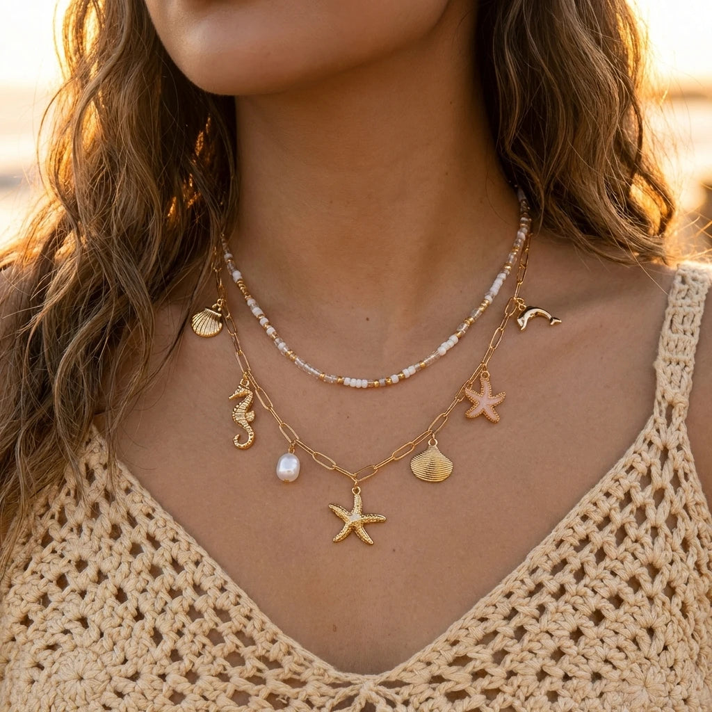 Tropical 2Pcs Layered Necklace Set For Women Ocean Themed Shell Seahorse Starfish Fish Tail Beaded Summer Beach Jewelry