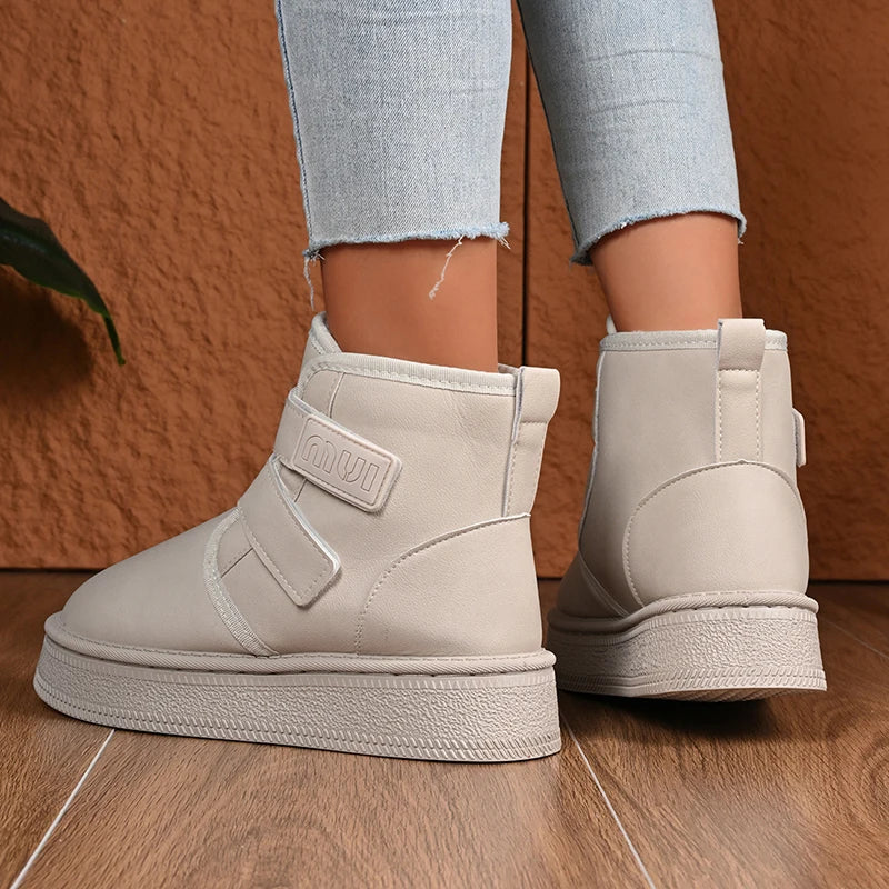 Hook Loop Pu Leather Platform Snow Boots Women Thick Bottom Warm Plush Ankle Boots Woman Comfot Anti Slip Winter Booties Mujer