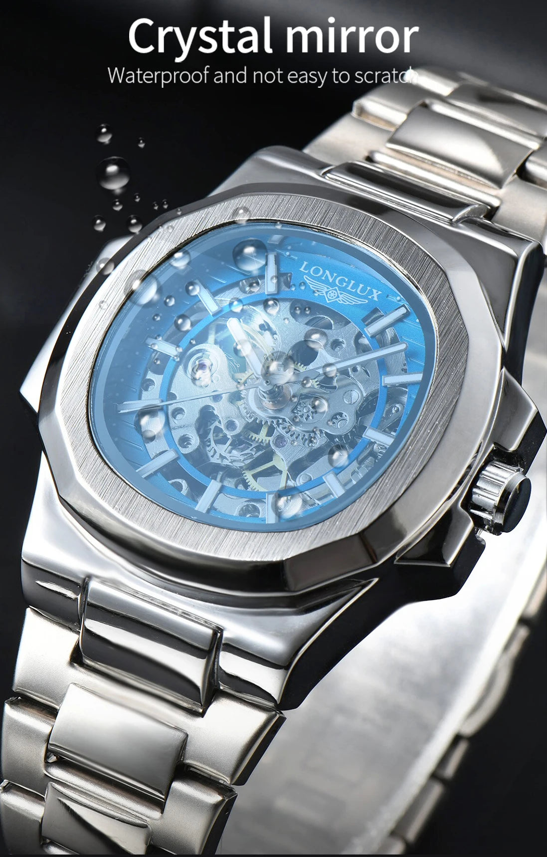 Gold LONGLUX Men automatic mechanical watch luxury waterproof skeleton Watches