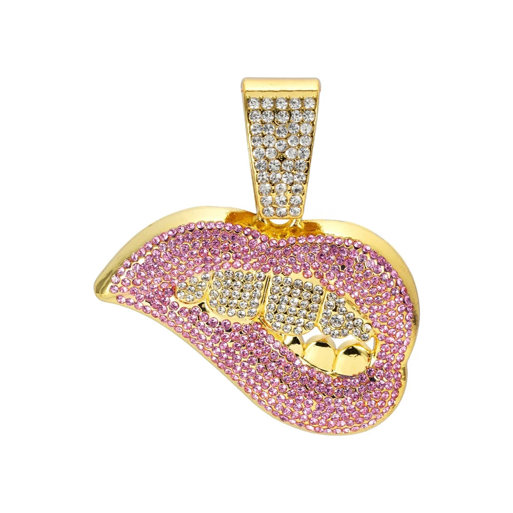 New Men Women Hip Hop Bite Lip Shape Pendant Necklace with 13mm Crystal Cuban Chain Iced Out Bling HipHop Necklace Charm Jewelry