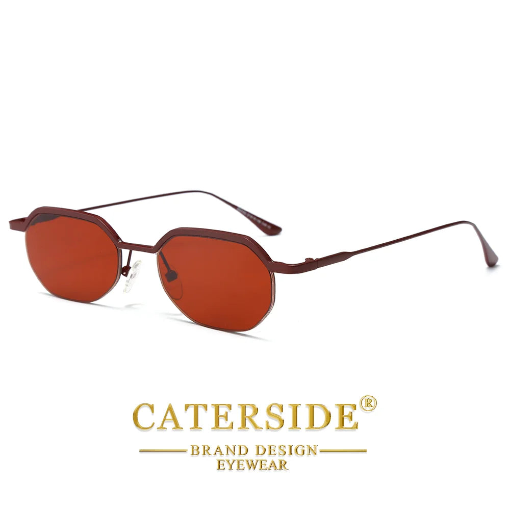 CATERSIDE Retro Polygon Sunglasses Men Metal Semi Rimless Sun Glasses Uv400 Women Outdoor Protection Driving Decorative Eyewear