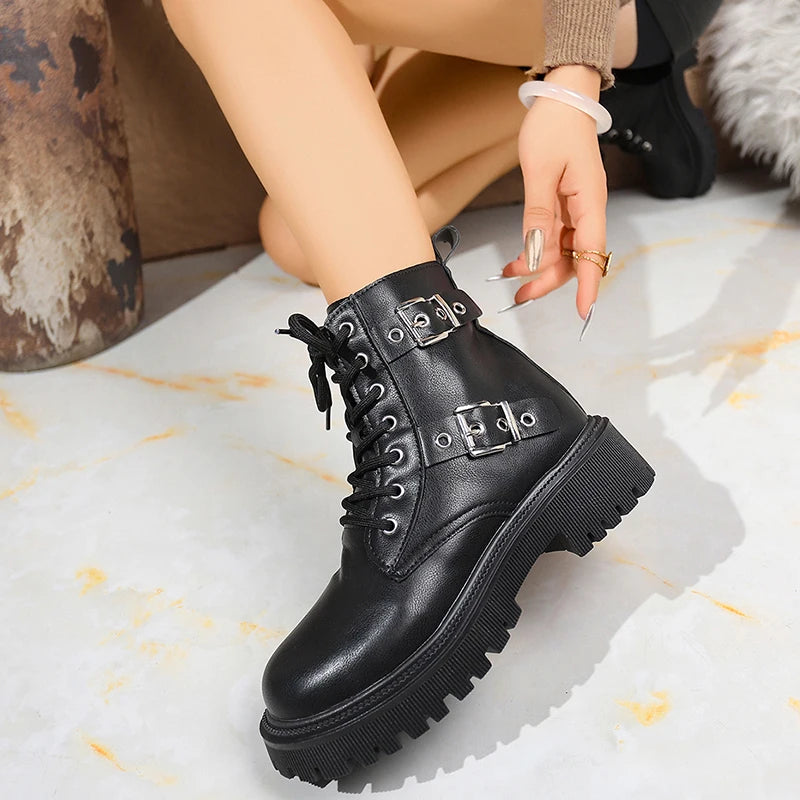 Fashion Buckle Lace Up Ankle Boots Women Autumn Winter Pu Leather Platform Boots Woman Chic Thick Sole Zipper Motorcycle Booties