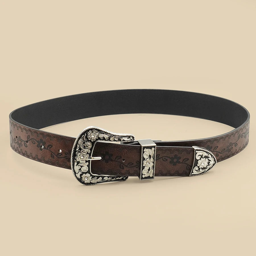 Vintage Carved Buckle Belt for Women Men - Brown Textured Floral Print Western Style Fashion Versatile Waistband Belt
