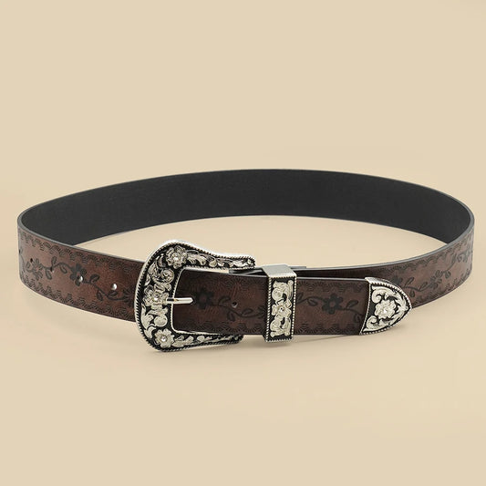 Vintage Carved Buckle Belt for Women Men - Brown Textured Floral Print Western Style Fashion Versatile Waistband Belt