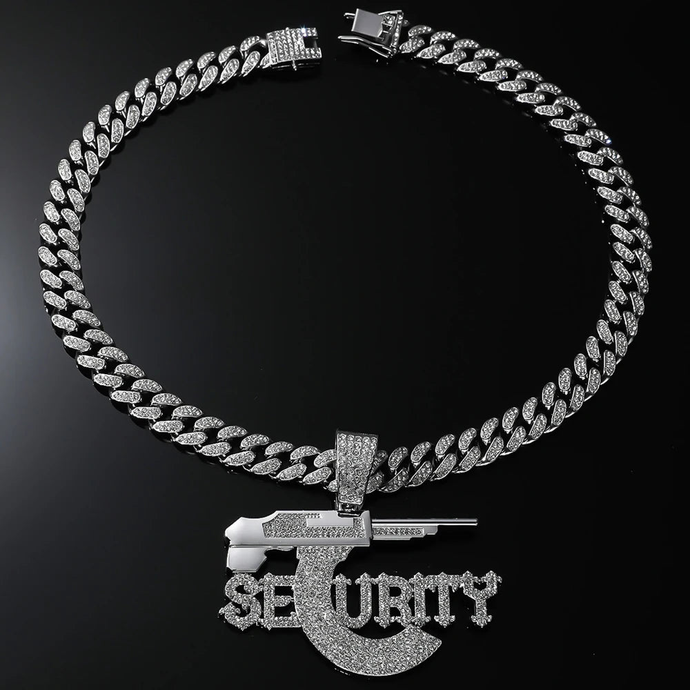 Hip Hop Sniper Gun Jewelry Letter SEURITY Pendant with 13mm Cuban Chain Men's and Women's Necklace Punk Hip Hop Accessories Gift