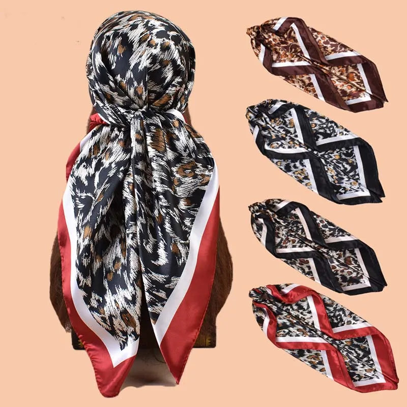 1 pc Women's Large Square Scarf with Leopard Print, Fashionable Silk Scarf, Versatile and Casual