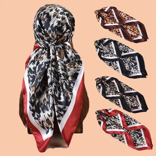 1 pc Women's Large Square Scarf with Leopard Print, Fashionable Silk Scarf, Versatile and Casual