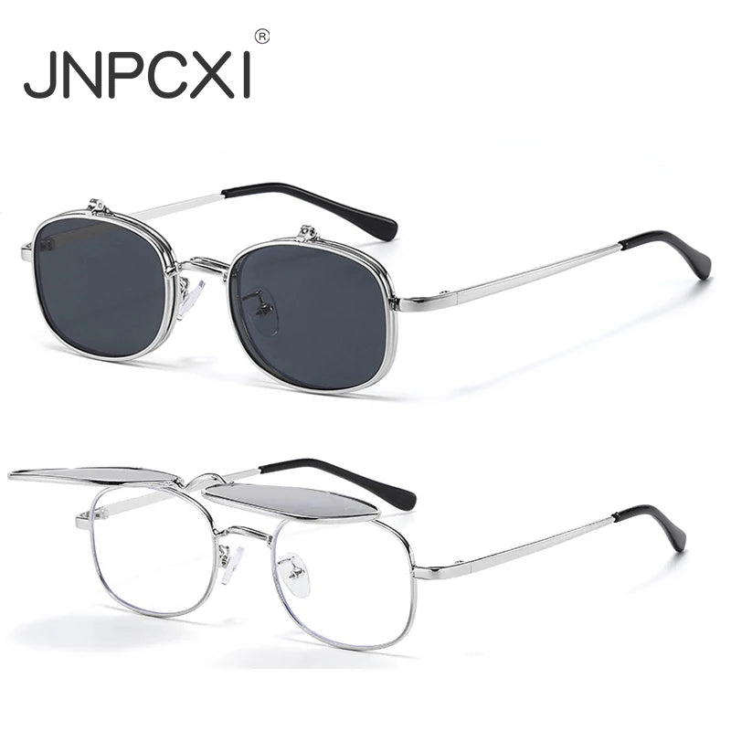 JNPCXI New Ins Popular Fashion Small Metal Square Women Sunglasses Retro Flip Lens Shades Men Outdoor Sun Glasses UV400