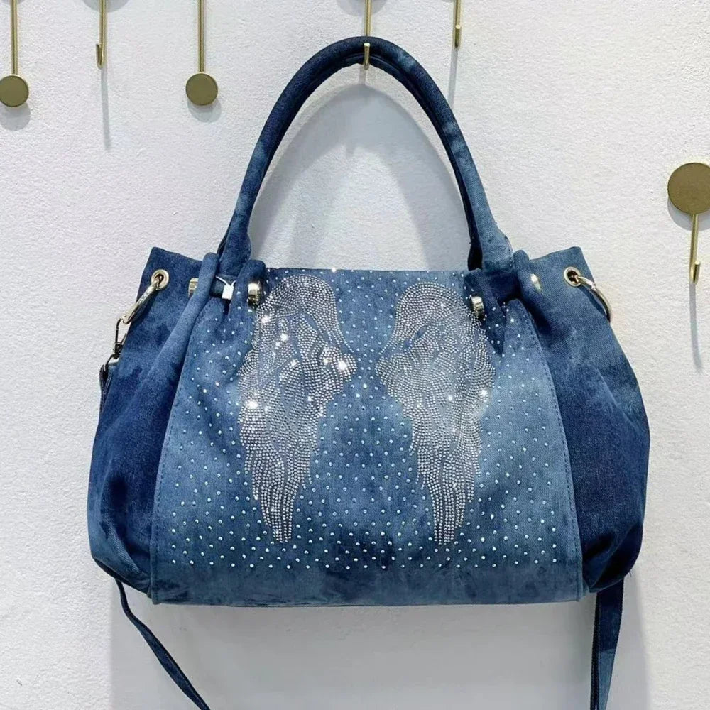 Fashion Denim Women Handbag Crystal Diamond Casual Jeans Tote Bag Shoulder Bag