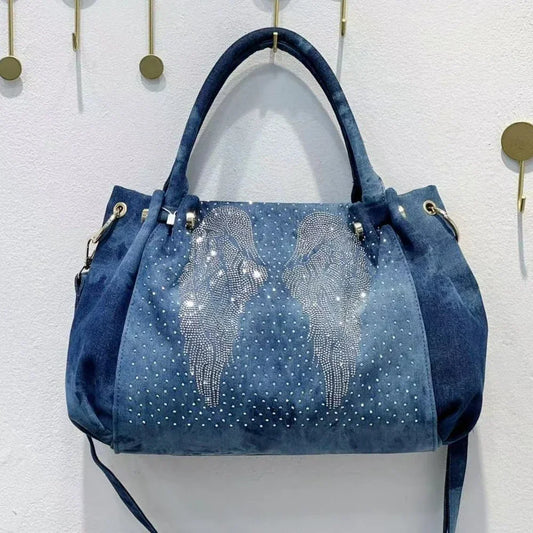 Fashion Denim Women Handbag Crystal Diamond Casual Jeans Tote Bag Shoulder Bag