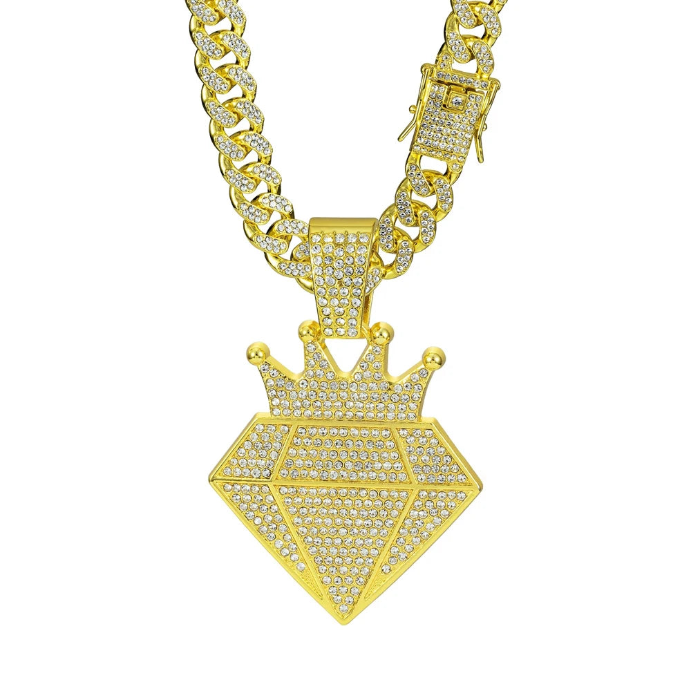 High Quality Hip Hop Alloy Full Diamond Crown Necklaces With 13mm Cuban Chain Diamond Shape Pendants For Men Charm Jewelry Gifts