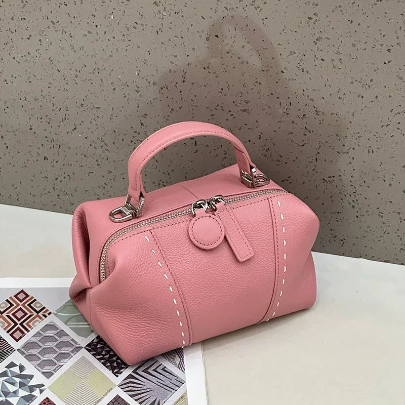Genuine Cowhide Leather Mini Boston Bag for Women Luxury Designer Pebbled Leather Top Handle Crossbody Bag in Multi Colors