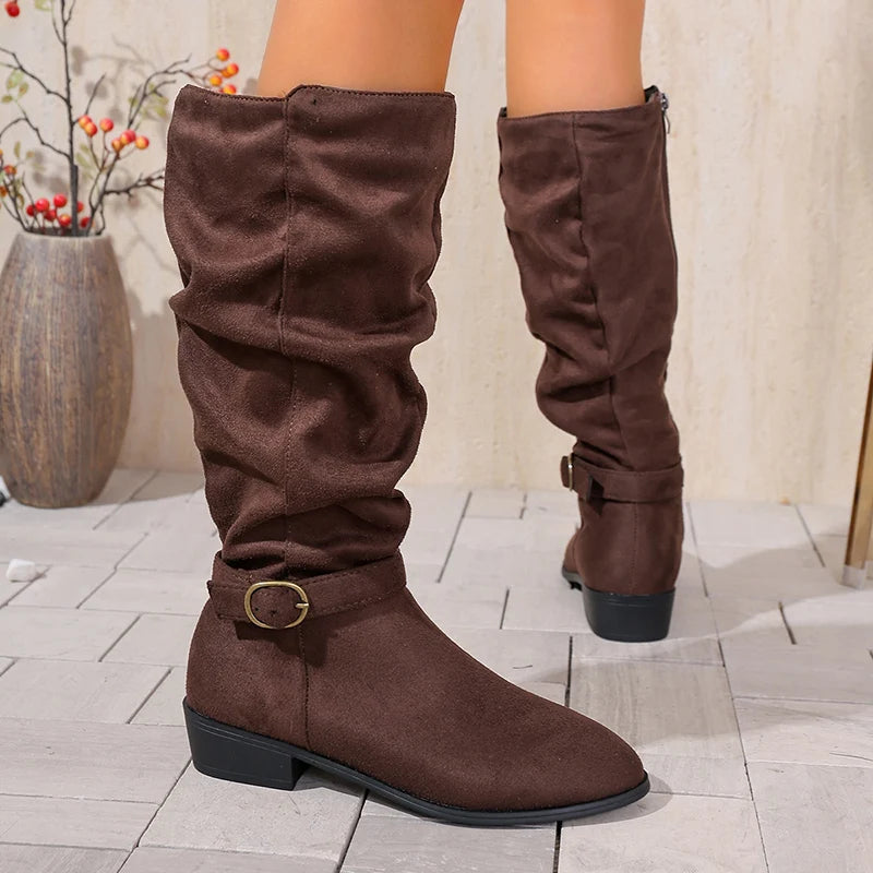 Pleated Design Block Heel Knee High Boots Women Plus Size 36-42 Zipper Long Boots Woman 2025 Fashion Buckle Flock Botas Mujer