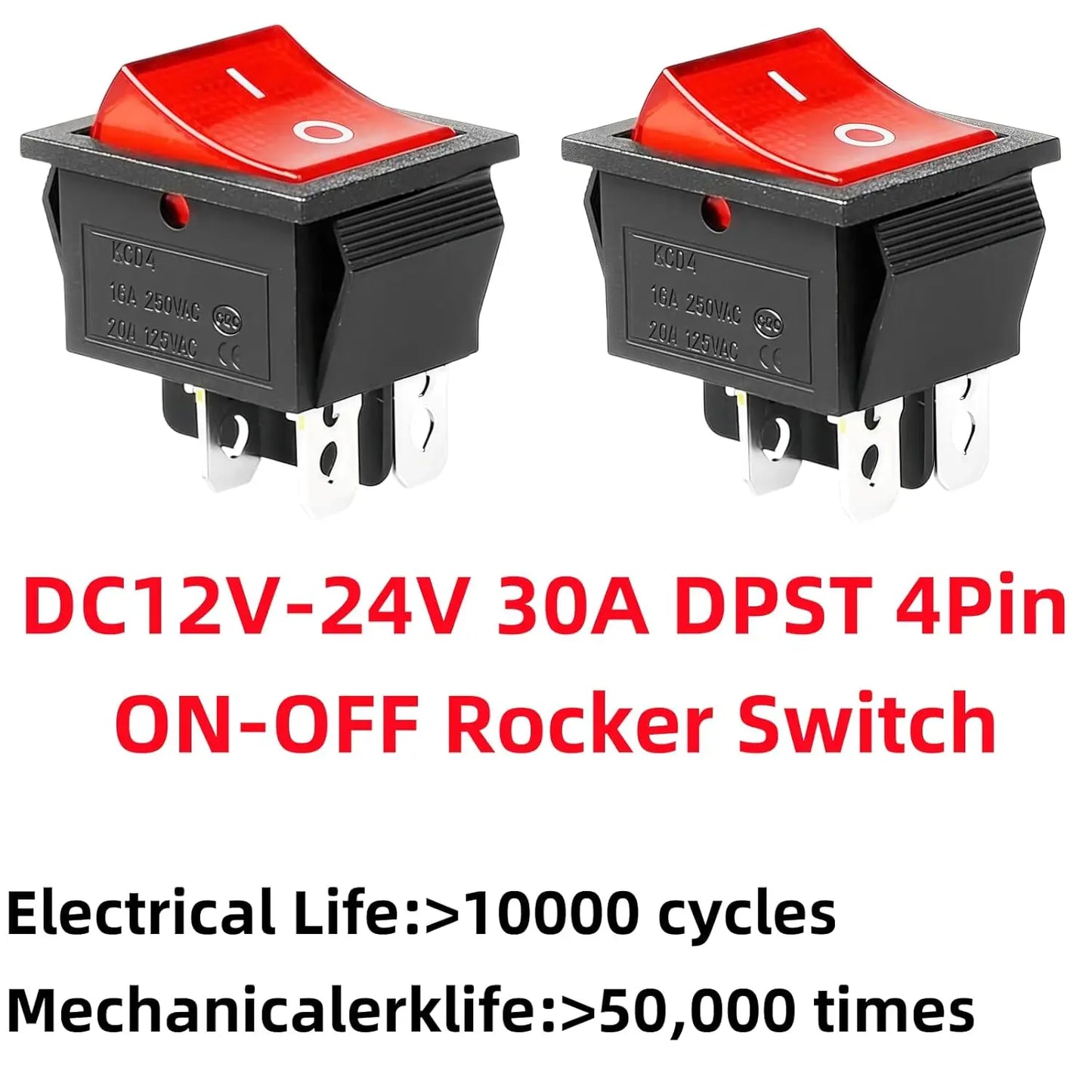 8pcs KCD4 Rocker Switches DPST 4-Pin, 16A 250V AC/125V, 40A 12V DC - Red Lighted ON/Off Toggle Heavy Duty for Boats, Heat Presse