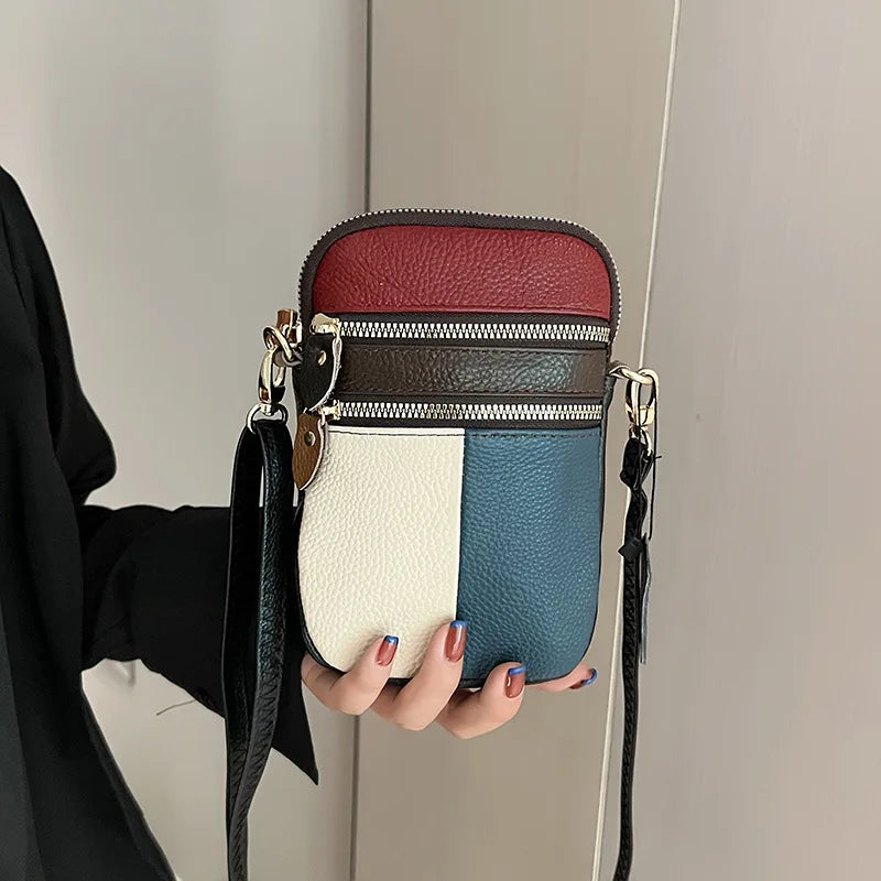 Fashion Soft Leather Women Shoulder Bag Multi Zipper Soft Mobile Phone Bag