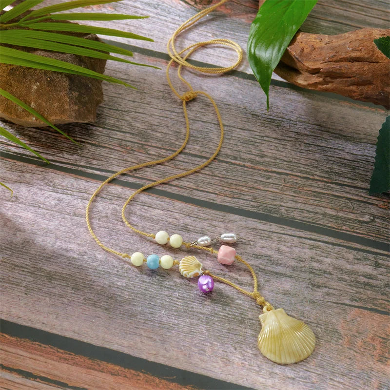 Bohemian Imitation Pearl Ceramic Beaded Shell Necklace for Women Handmade Woven Rope Chain Choker Necklace Summer Beach Jewelry