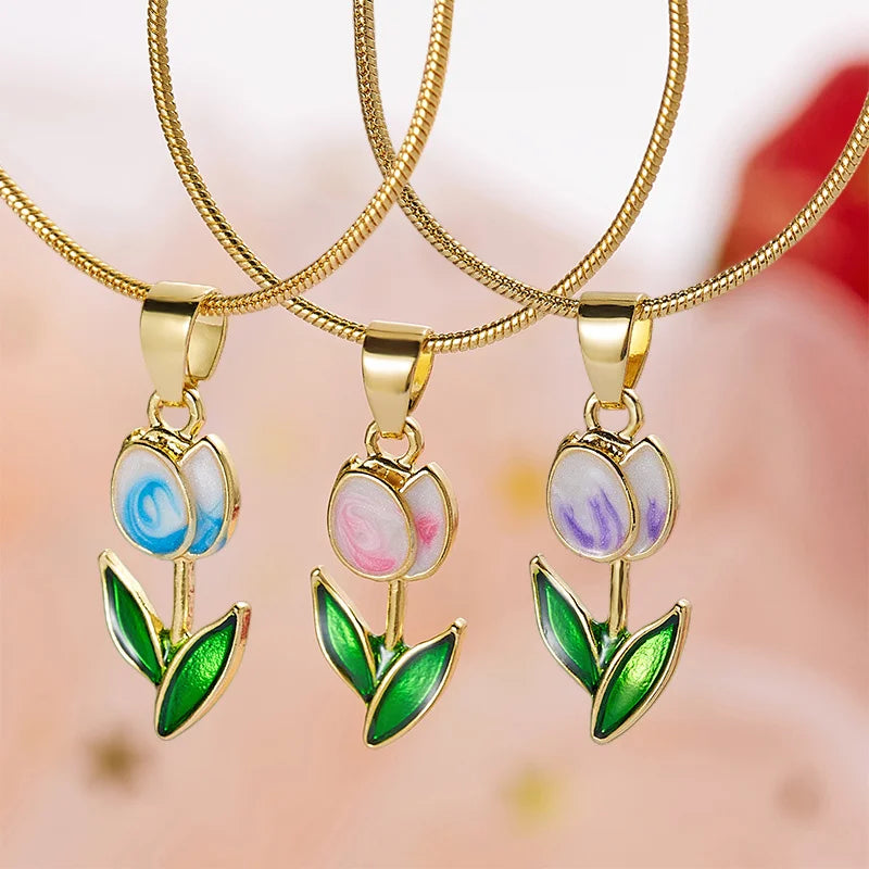 Vintage Elegant Tulip Flower Pendant Necklace for Women Fashion Aesthetic Flowers Clavicle Chain Choker Wedding Party Jewelry