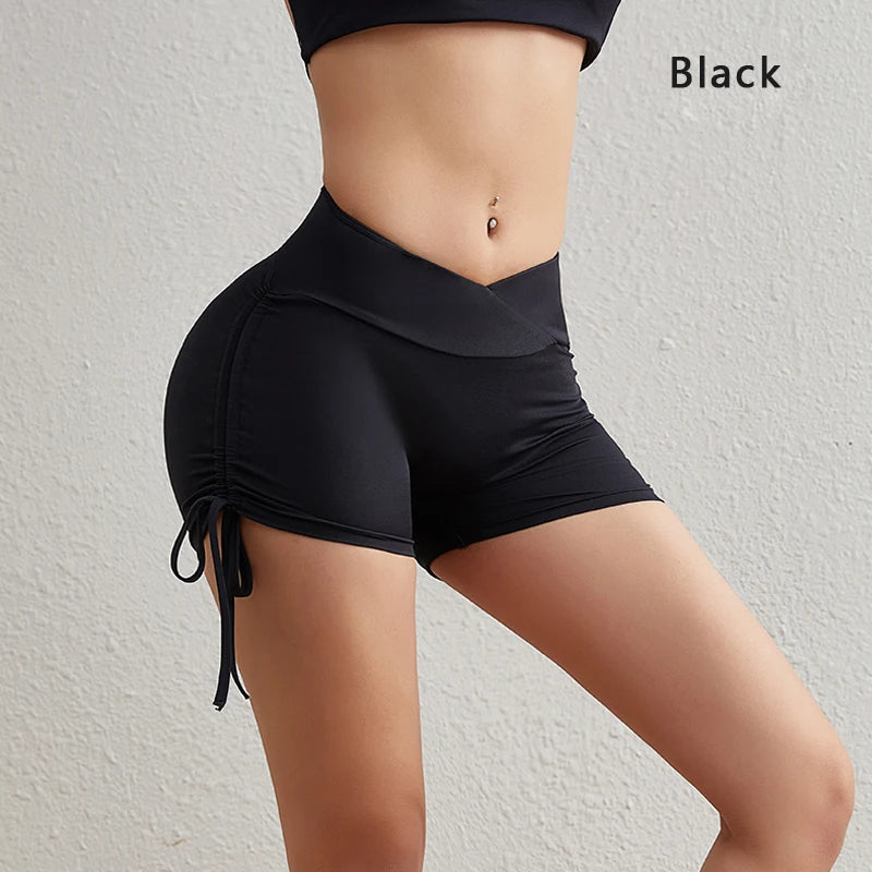 DIAS FIT JOY Women's Tight-Fitting Nylon Yoga Shorts Breathable Drawstring Sport Leggings Push-Up Short Tights for Yoga Pants