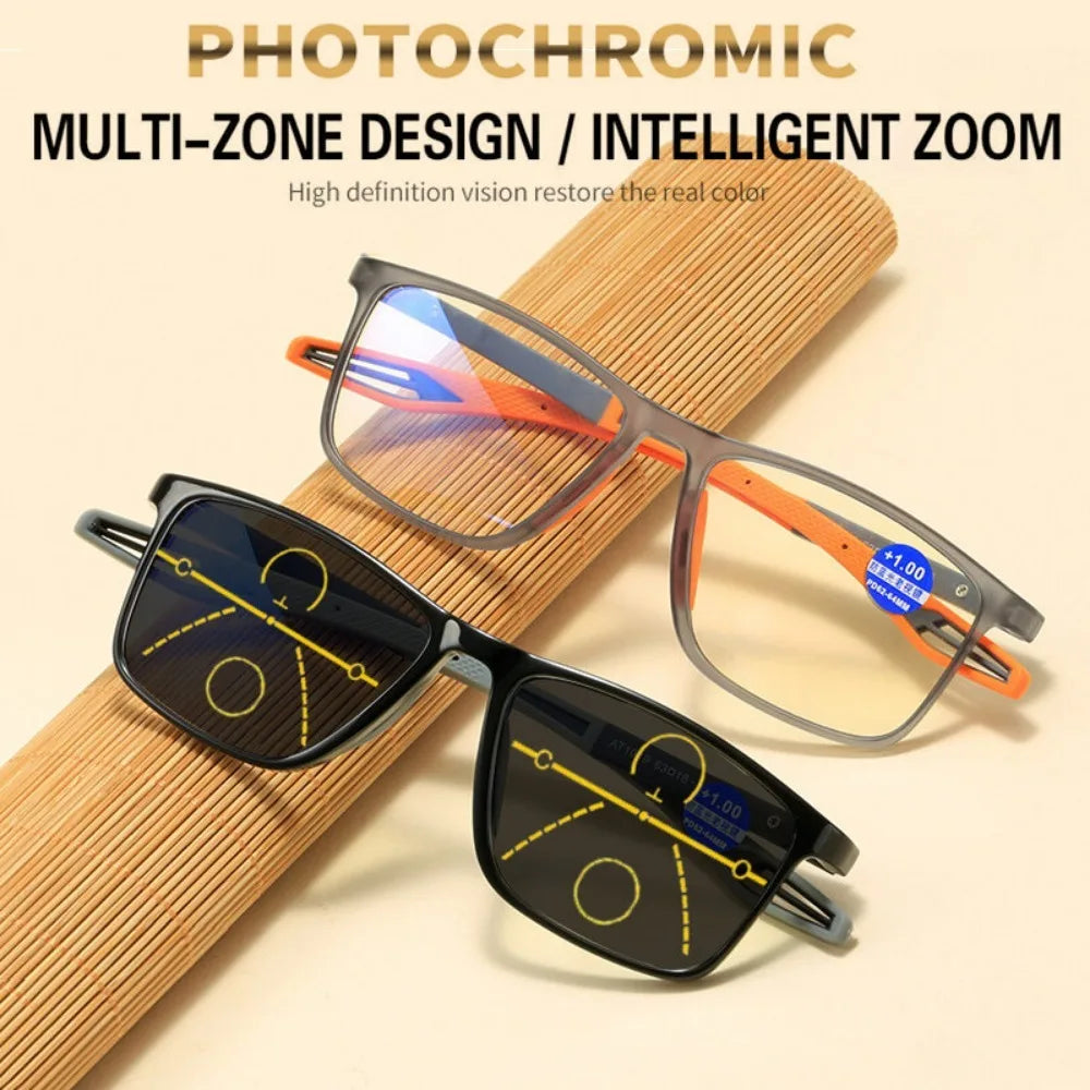 3in1 Photochromic Multifocal Reading Glasses Progressive Look Far And Near Eyeglasses Men Sport TR90 Frame Anti Blue Light Grade