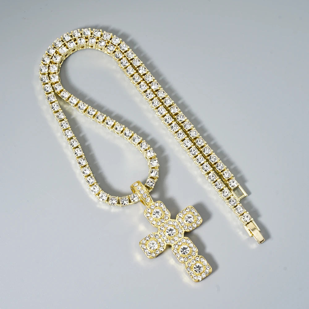 Women Hip Hop Cross Pendant Necklace Strap Men 4mm Rhinestone Tennis Chain Iced Sparkling Necklace Punk Jewelry Fashion Gift