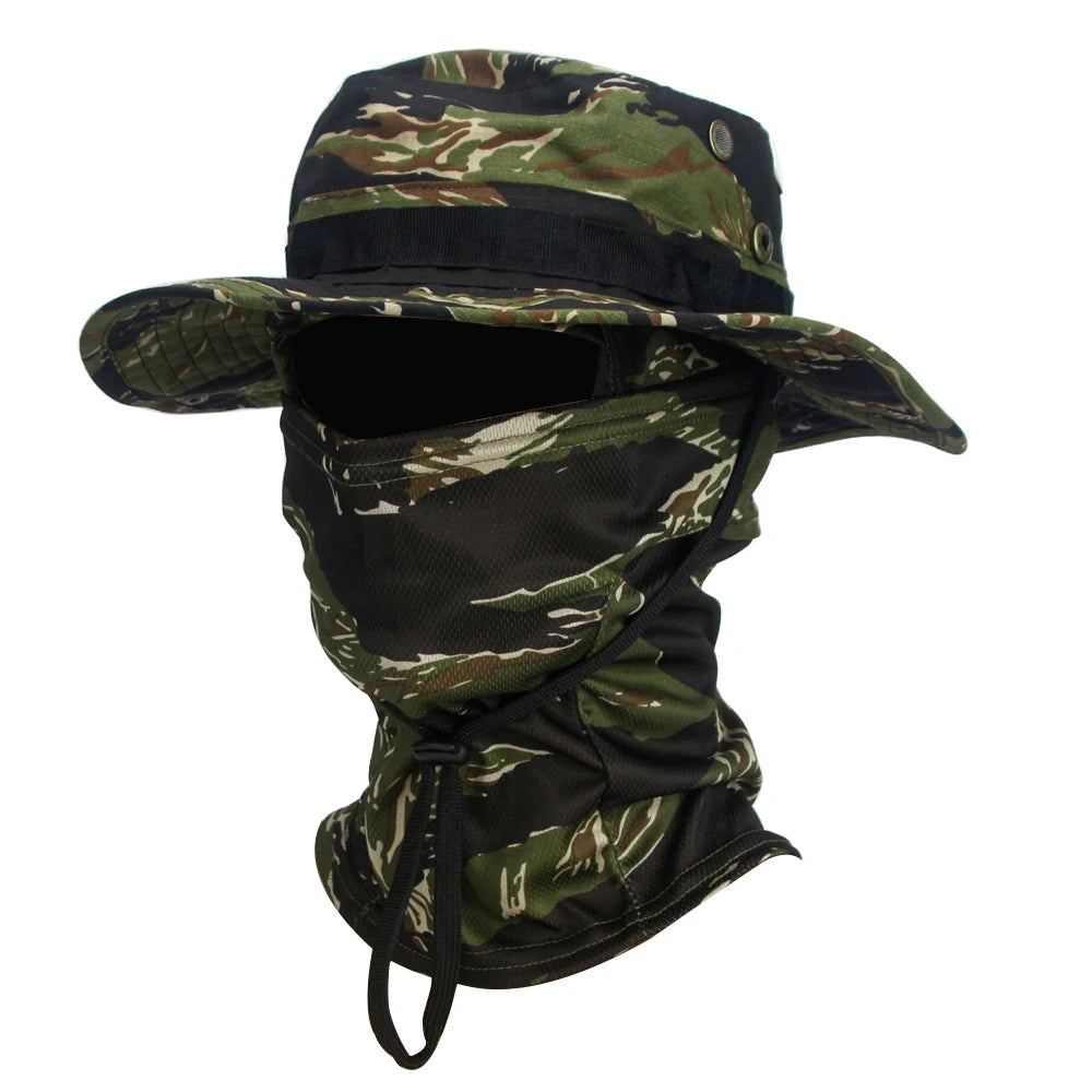 2Pcs Wide Brim Hat & Balaclava Set Men Outdoor Sun Boonie Cap Hiking Fishing Hat