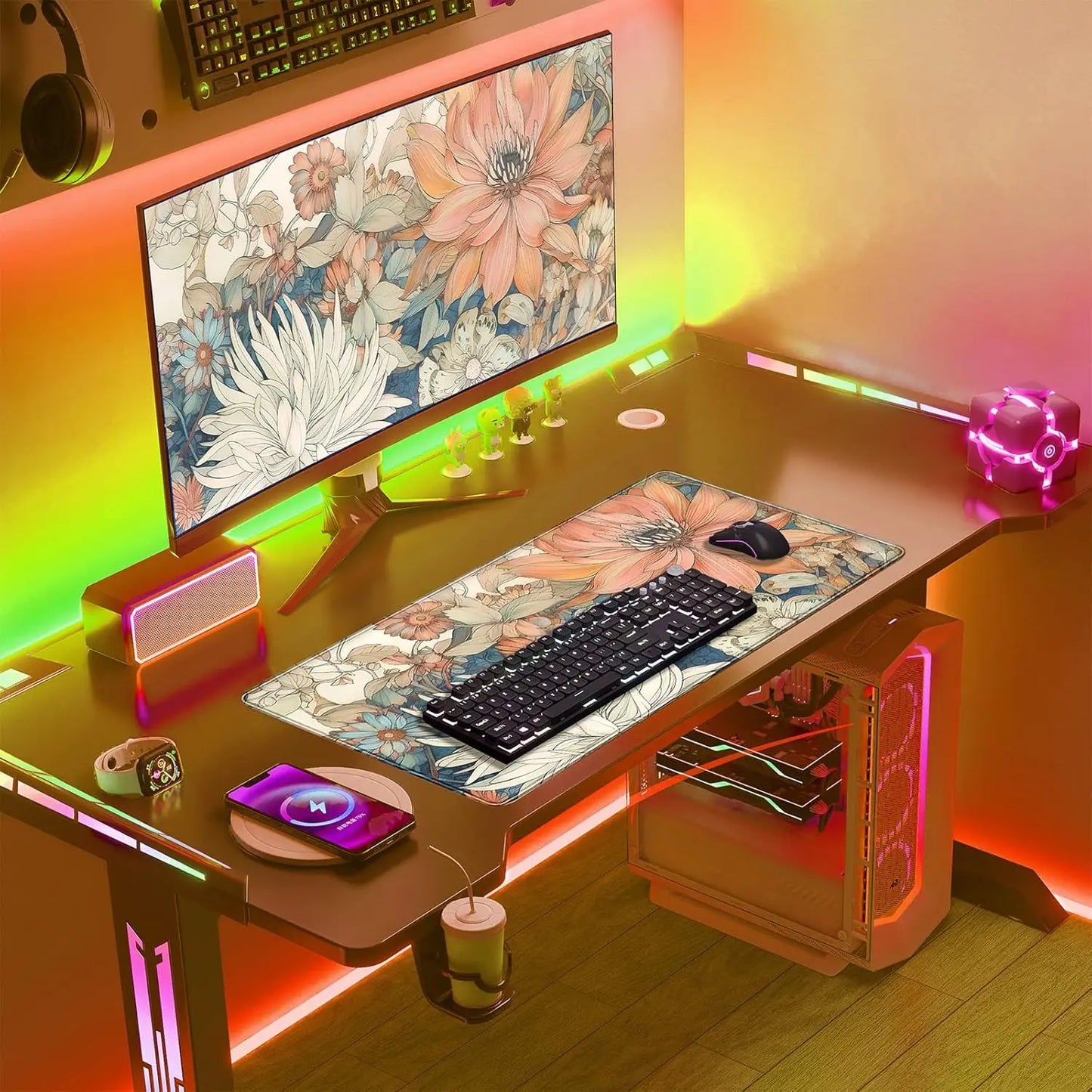 Japanese Floral Desk Mat Boho Aesthetic Flower Desk Matt for Desktop Large Gaming Mouse Pad for Deskpad Keyboard Mat Desk Decor