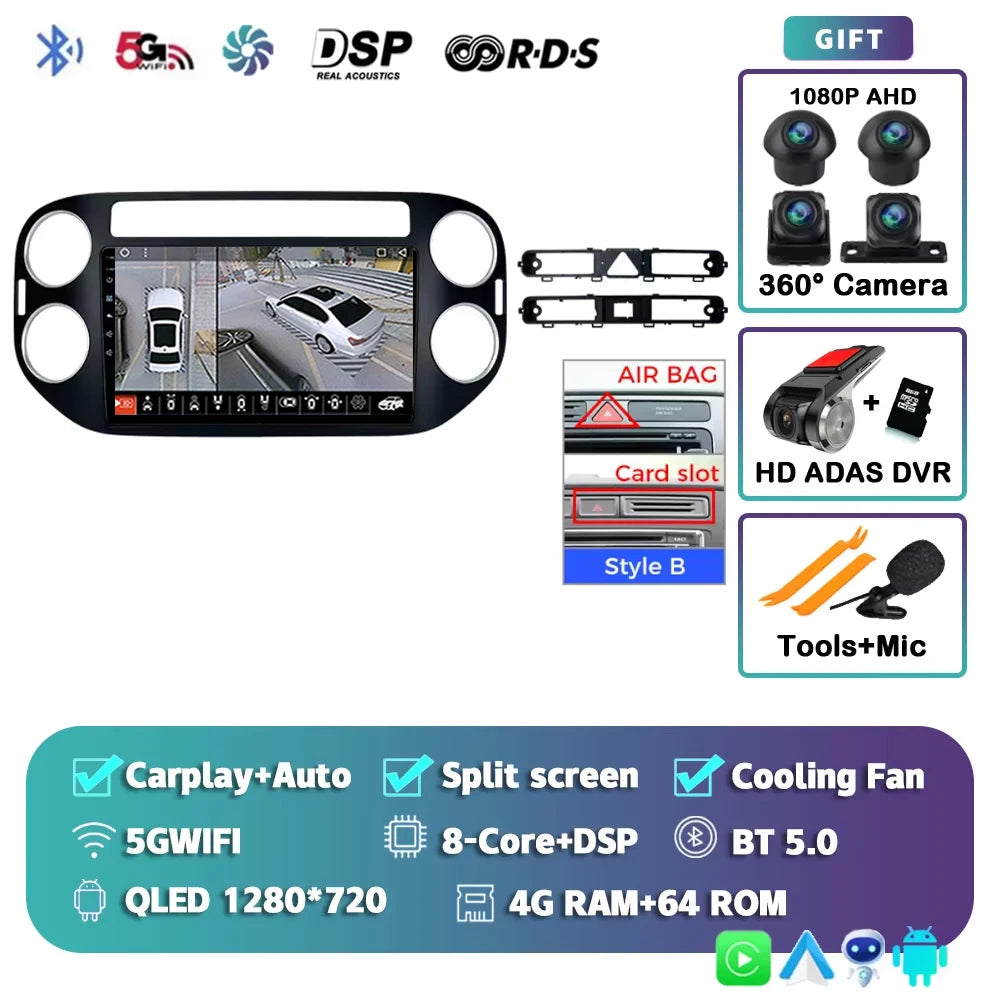Android 14 For Volkswagen VW Tiguan 2006 - 2016 Golf Car Radio Wireless CarPlay Auto Multimedia Player GPS 4G WiFi 360 Camera