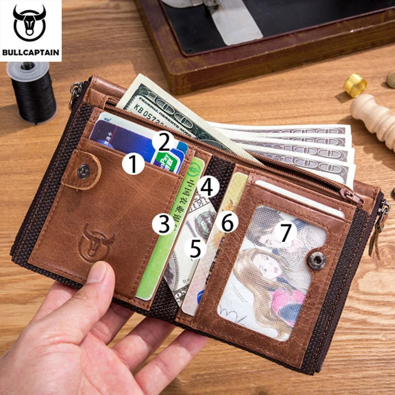 BULLCAPTAIN Vintage Fashion Men's Wallet Gift Leather Zipper Buckle Card Holder Coin Purse PORTFOLIO Portomonee Men's Wallet