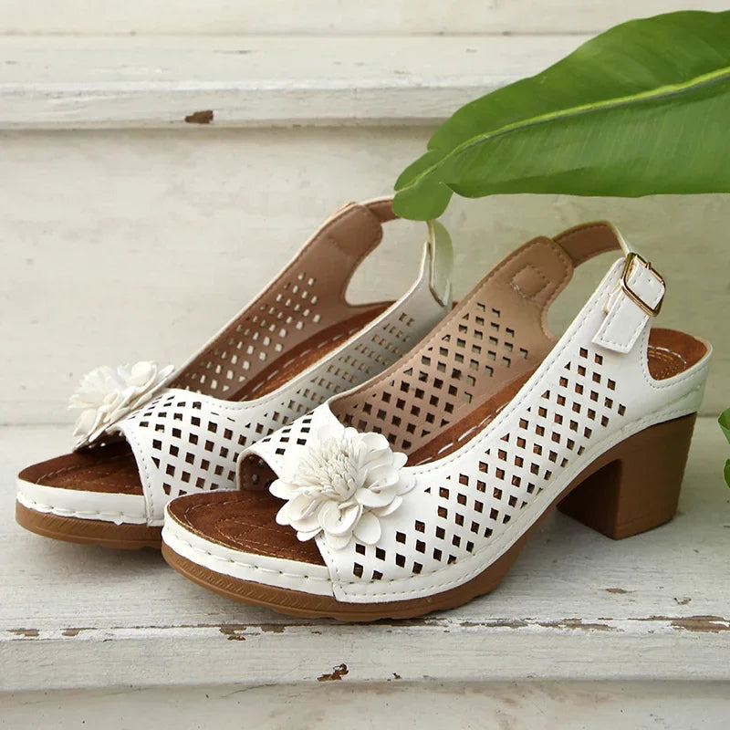Fashion Flowers High Heels Sandals Women Back Strap Hollow Out Summer Sandles Woman 2025 Plus Size Thick Heeled Sandalias Mujer