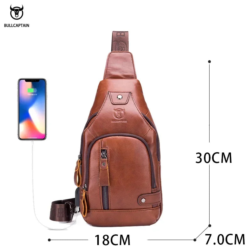 BULLCAPTAIN Leather Men's Chest Pocket One Crossbody Bags With USB Rechargeable Chest Bag Can Be Used For 7.9 Inch IPai Pockets