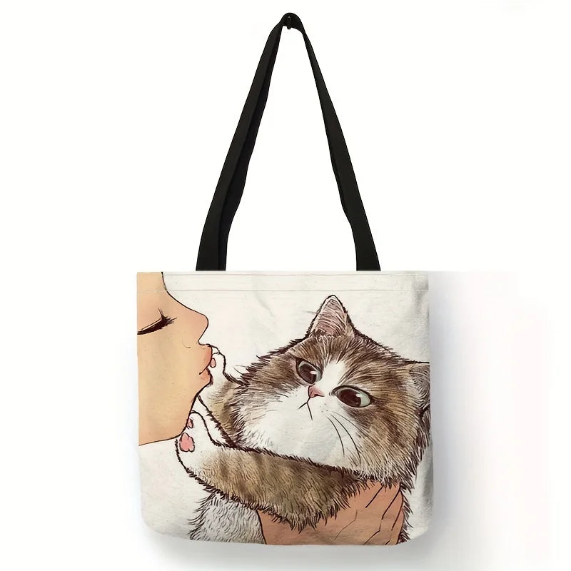 Cute Cartoon Cat Print Tote Bag, Large Shoulder Bag, Women's Casual Handbag