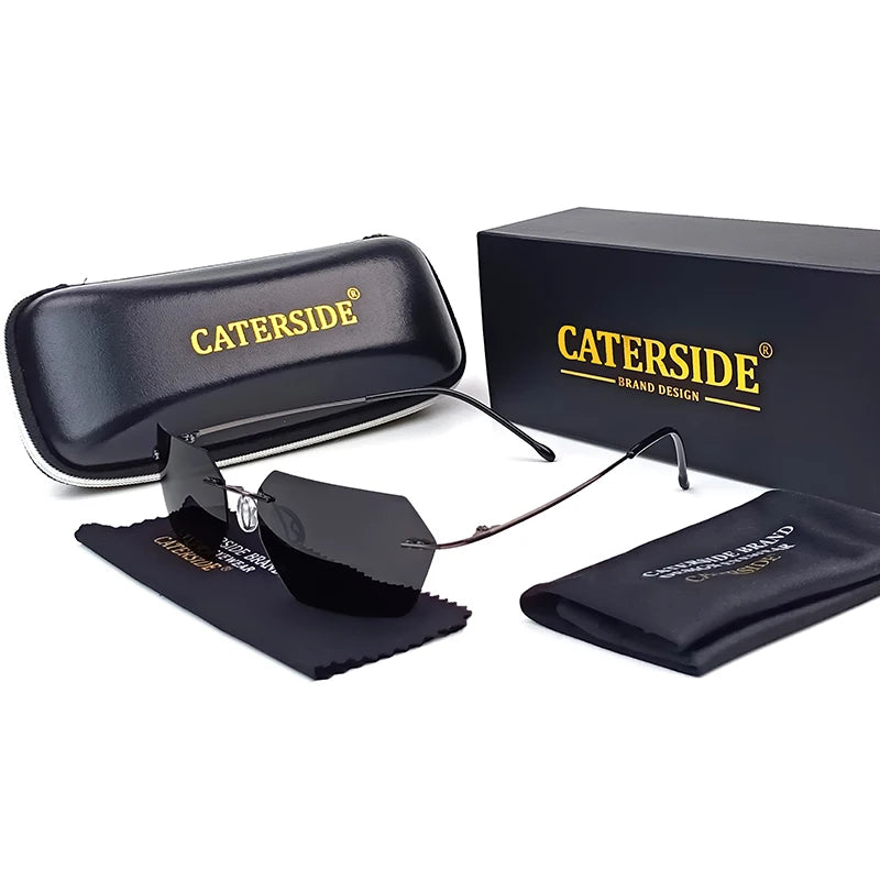 CATERSIDE Polarized Rimless Sunglasses Men 100% Titanium Ultralight Polygonal Sun Glasses Woman Cosplay Driving Party Eyewear