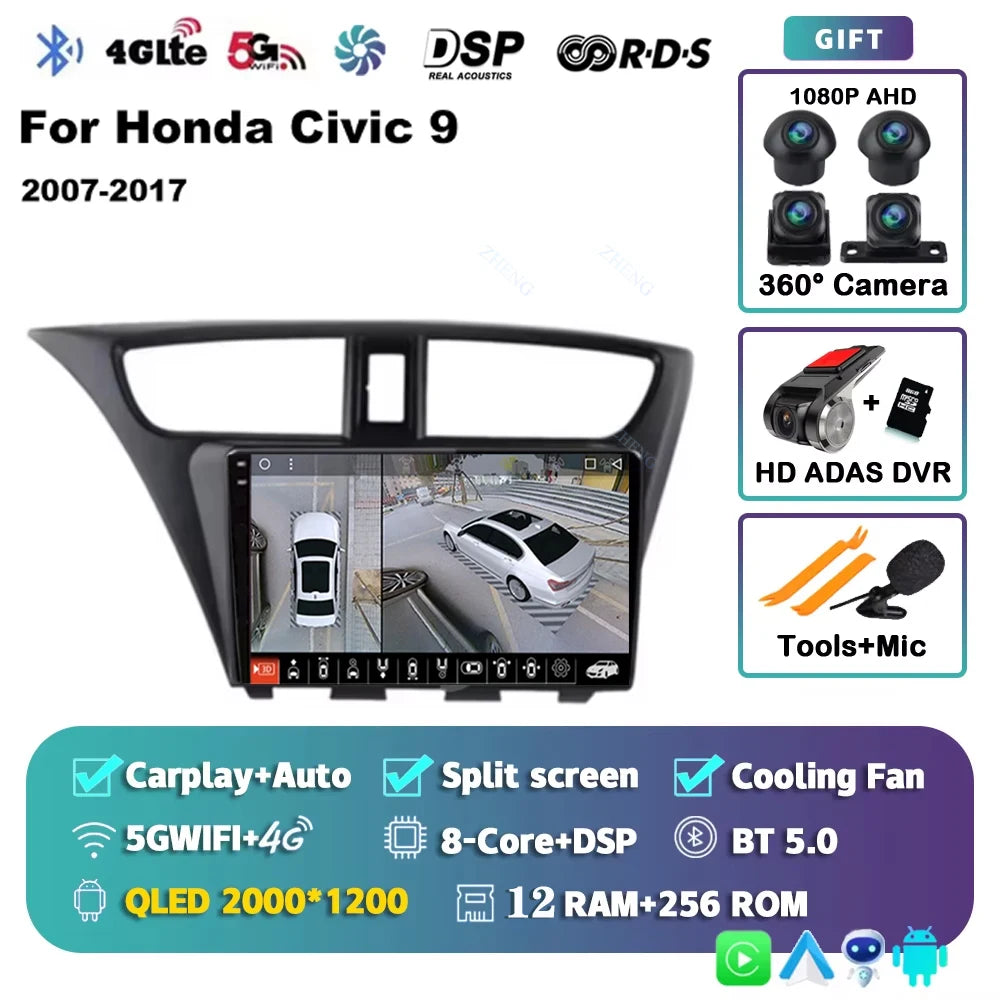 Carplay Android 14 Car Radio for Honda CIVIC 9 2011-2017 Qualcomm mulitmedia Video player Autoradio GSP Navigation Stereo screen