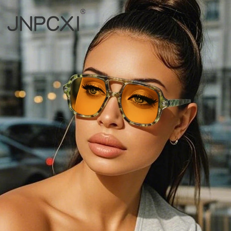 JNPCXI New Ins Popular Fashion Double Bridges Square Men Sunglasses Vintage Punk Yellow Shades UV400 Men Trending Sun Glasses