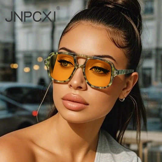 JNPCXI New Ins Popular Fashion Double Bridges Square Men Sunglasses Vintage Punk Yellow Shades UV400 Men Trending Sun Glasses