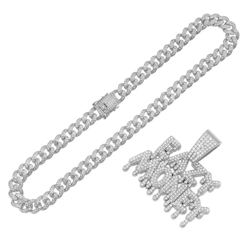 Fashion Rock EAZY MONEY Letter Pendant With 13mm Rhinestones Miami Cuban Chain HipHop Iced Out Bling Necklaces Charm Man Jewelry
